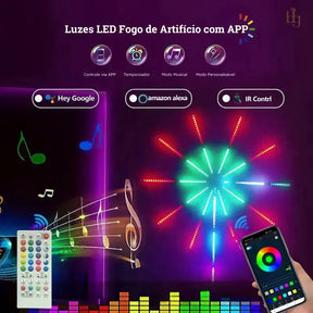 Luzes LED Fogo de Artifício Inteligente com Controle Remoto, Wifi, Bluetooth e Sincronização Musical